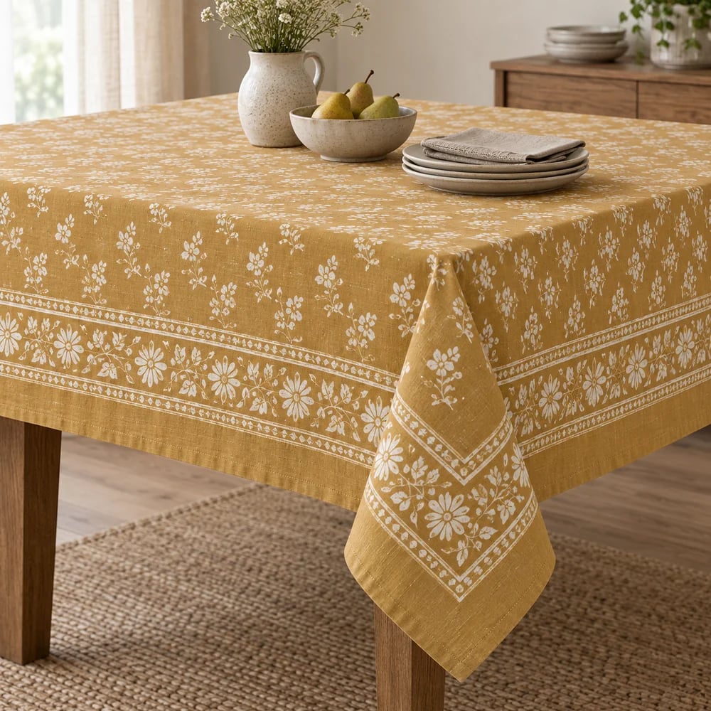 Ochre tablecloth, hand block printed