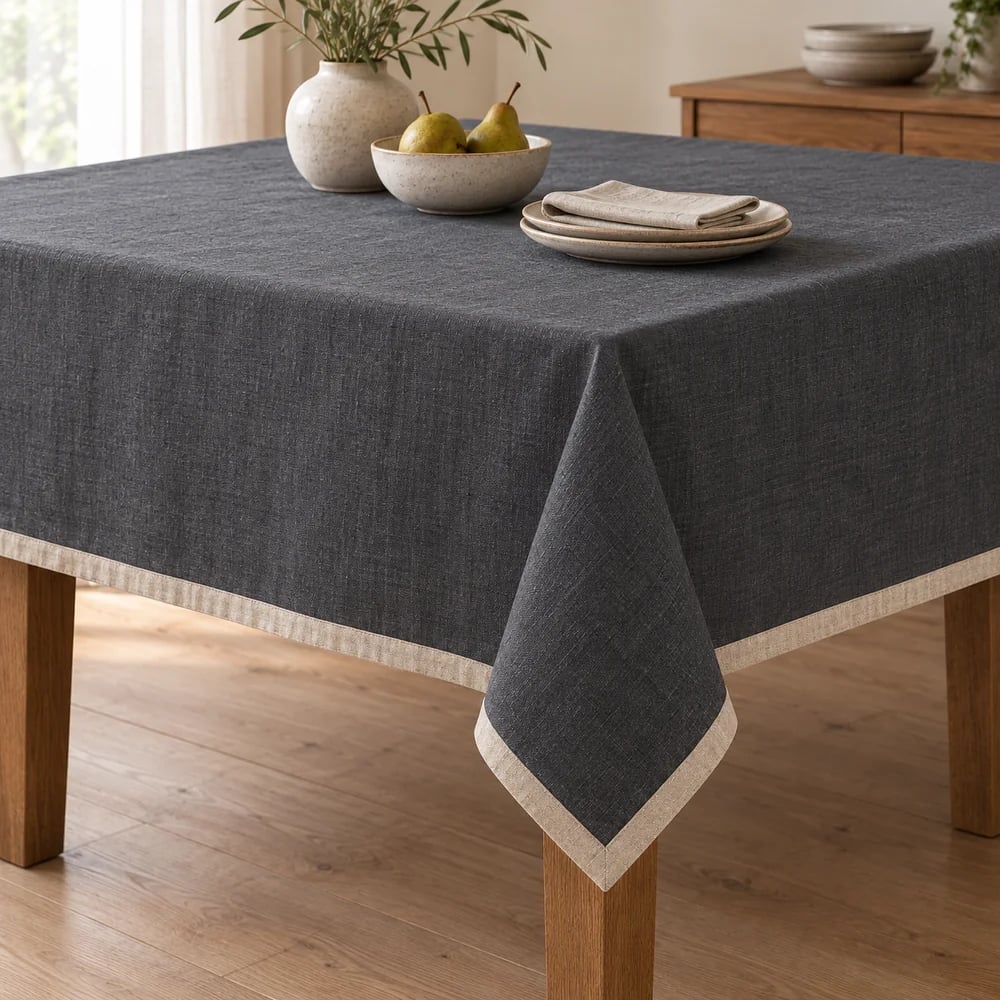 Charcoal tablecloth, contrast bound edge
