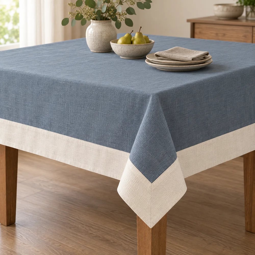Slate blue tablecloth, contrast border