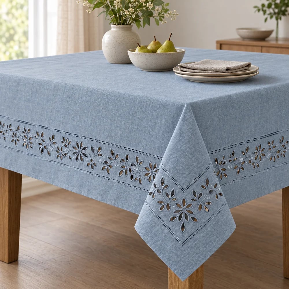 Muted blue tablecloth, cutwork