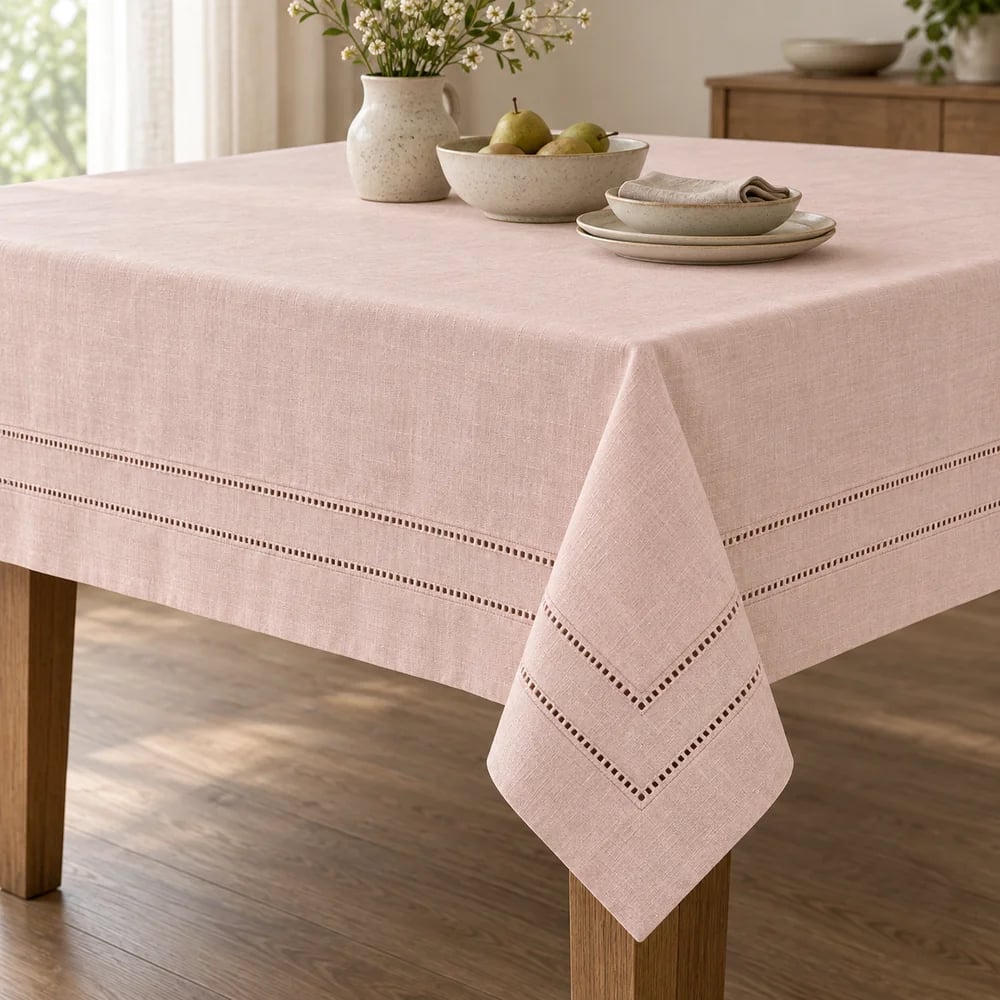 Blush pink tablecloth, double hemstitched