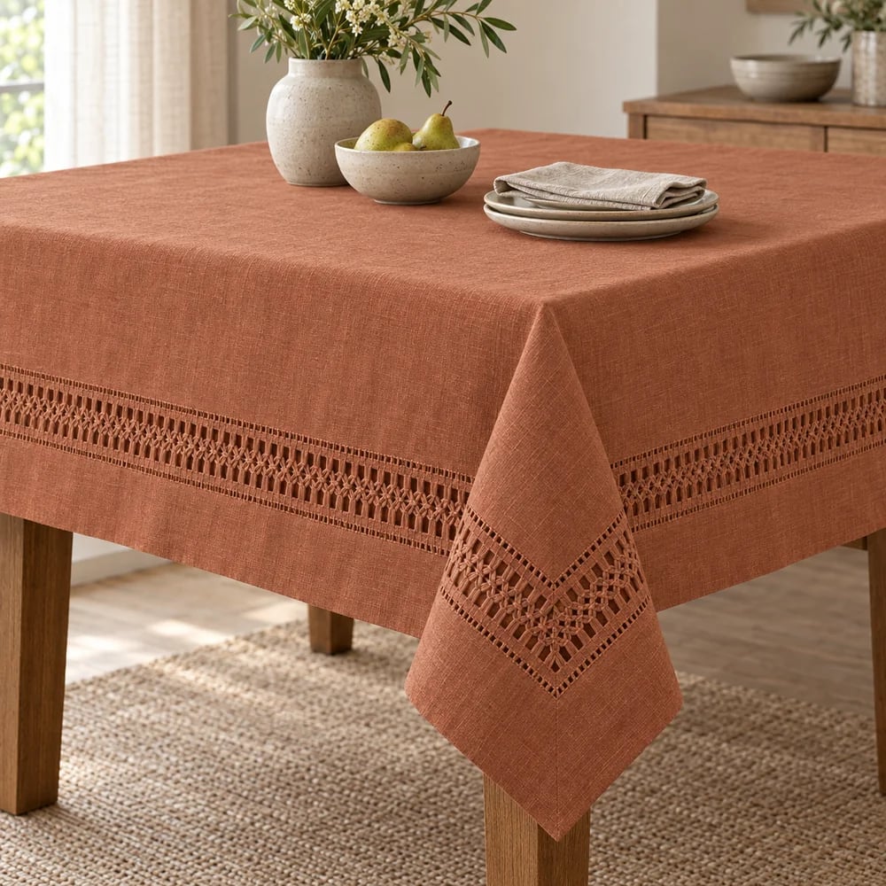 Terracotta tablecloth, drawn thread work