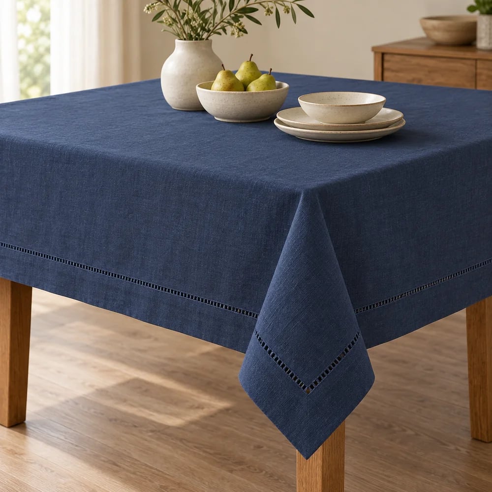 Navy tablecloth, hemstitched