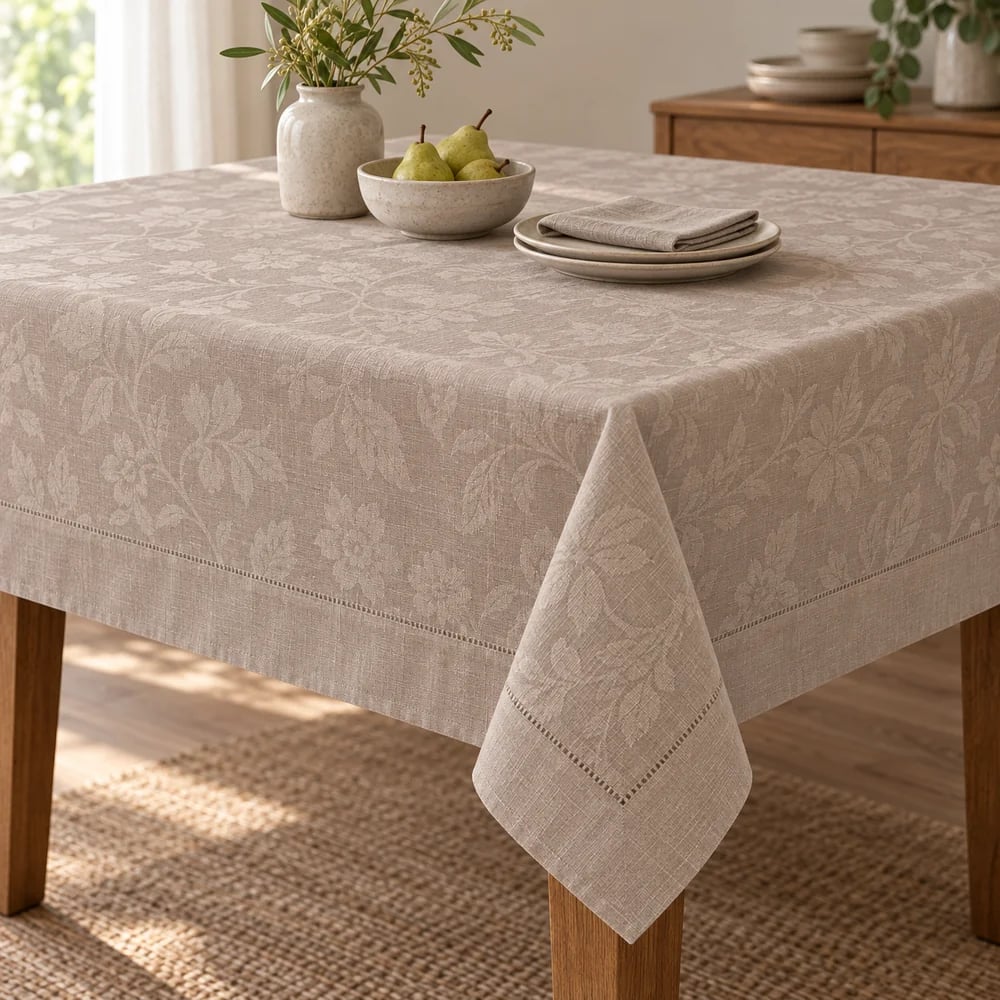 Taupe tablecloth, jacquard and damask