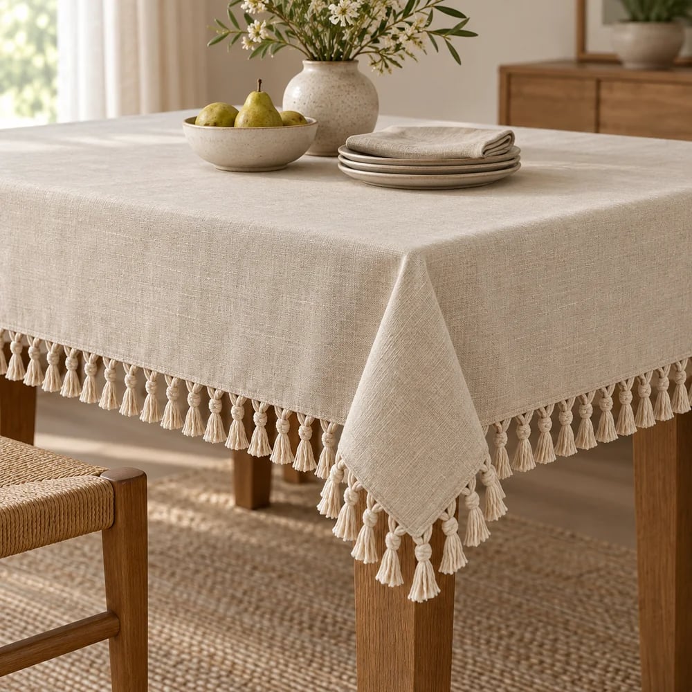 Natural linen tablecloth, knotted fringe
