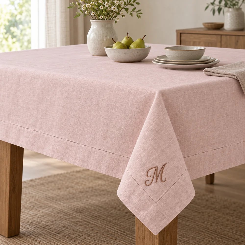 Blush pink tablecloth, monogrammed