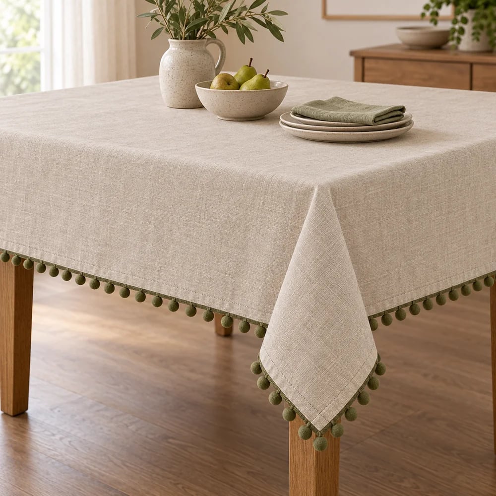 Oatmeal tablecloth, pom pom trim