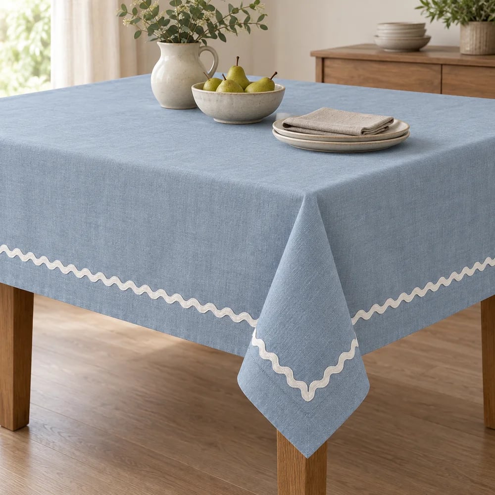 Muted blue tablecloth, ric rac trim