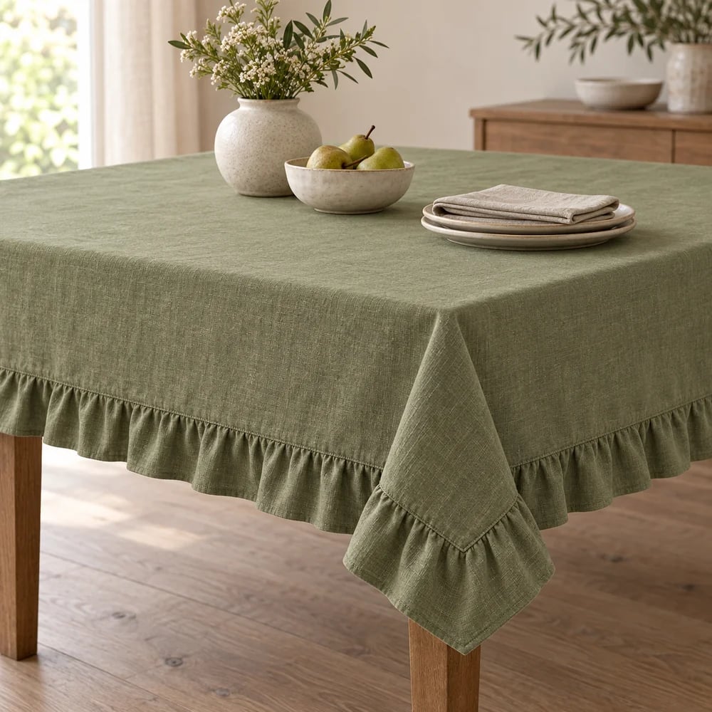 Olive tablecloth, ruffled edge