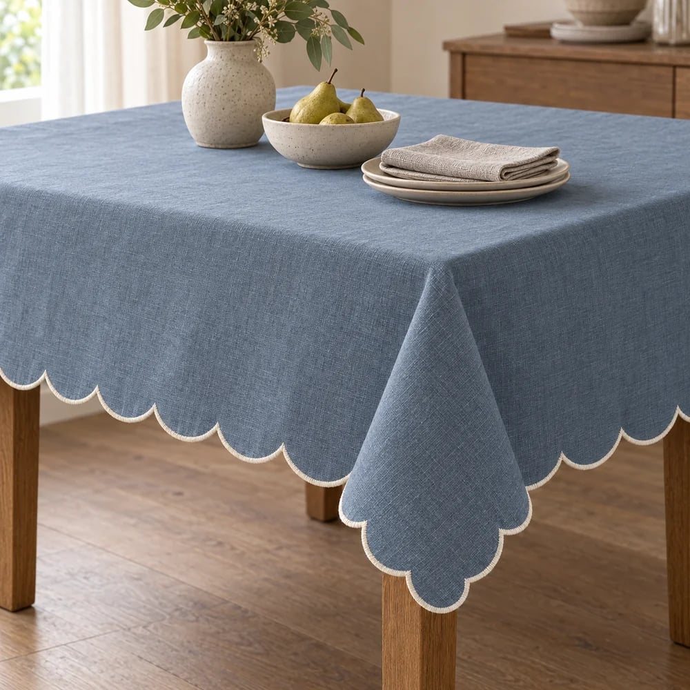 Slate blue tablecloth, scalloped edge