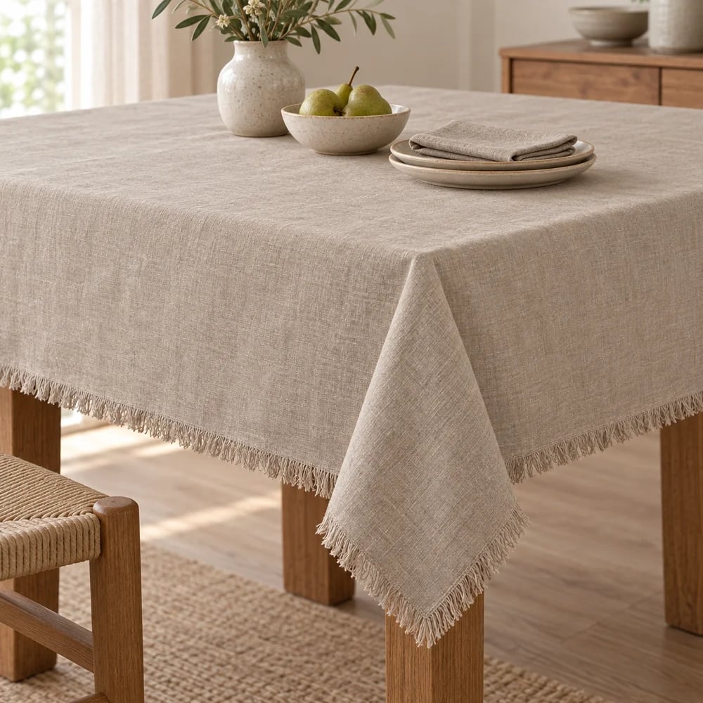 Taupe tablecloth, self fringed