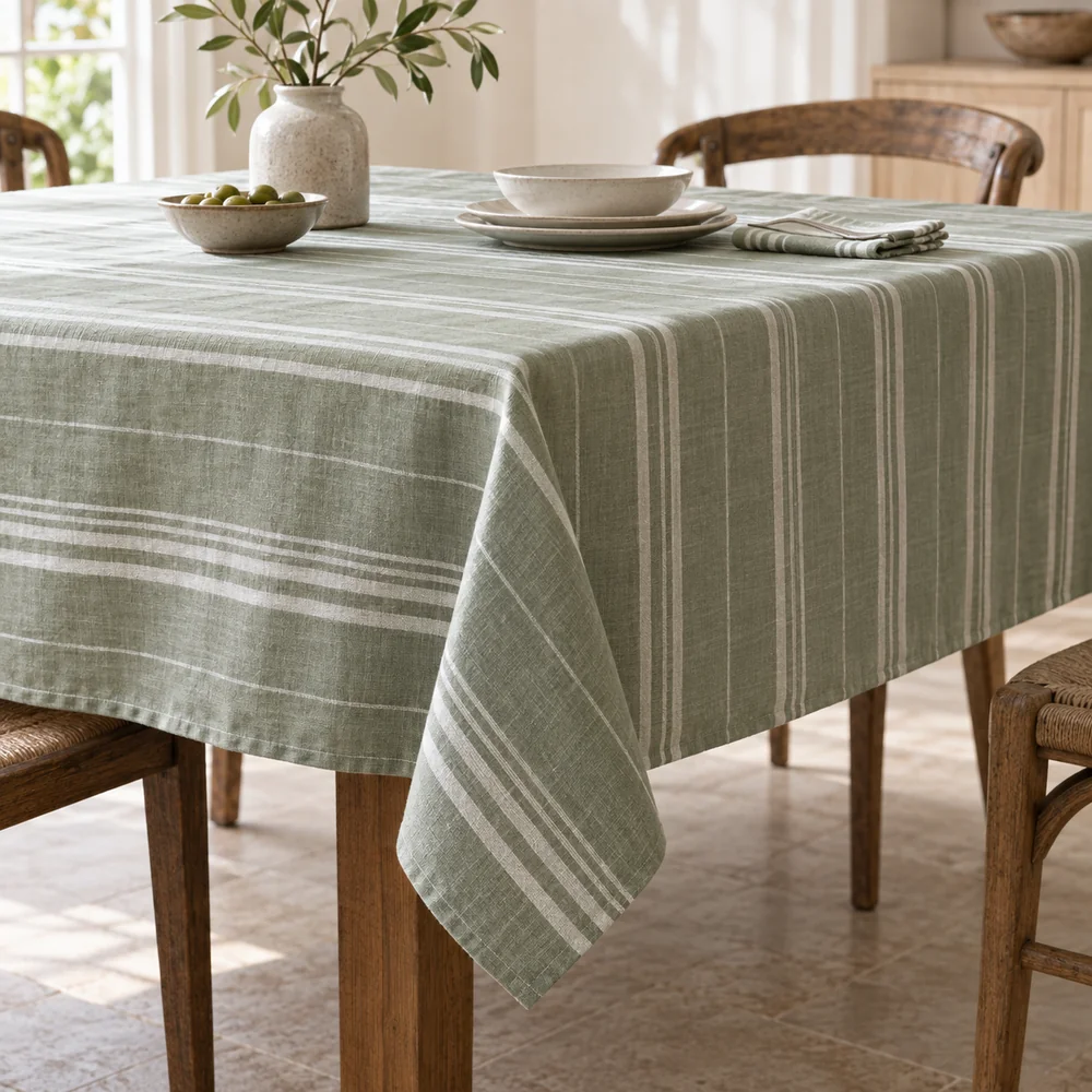 Sage tablecloth, yarn dyed stripe