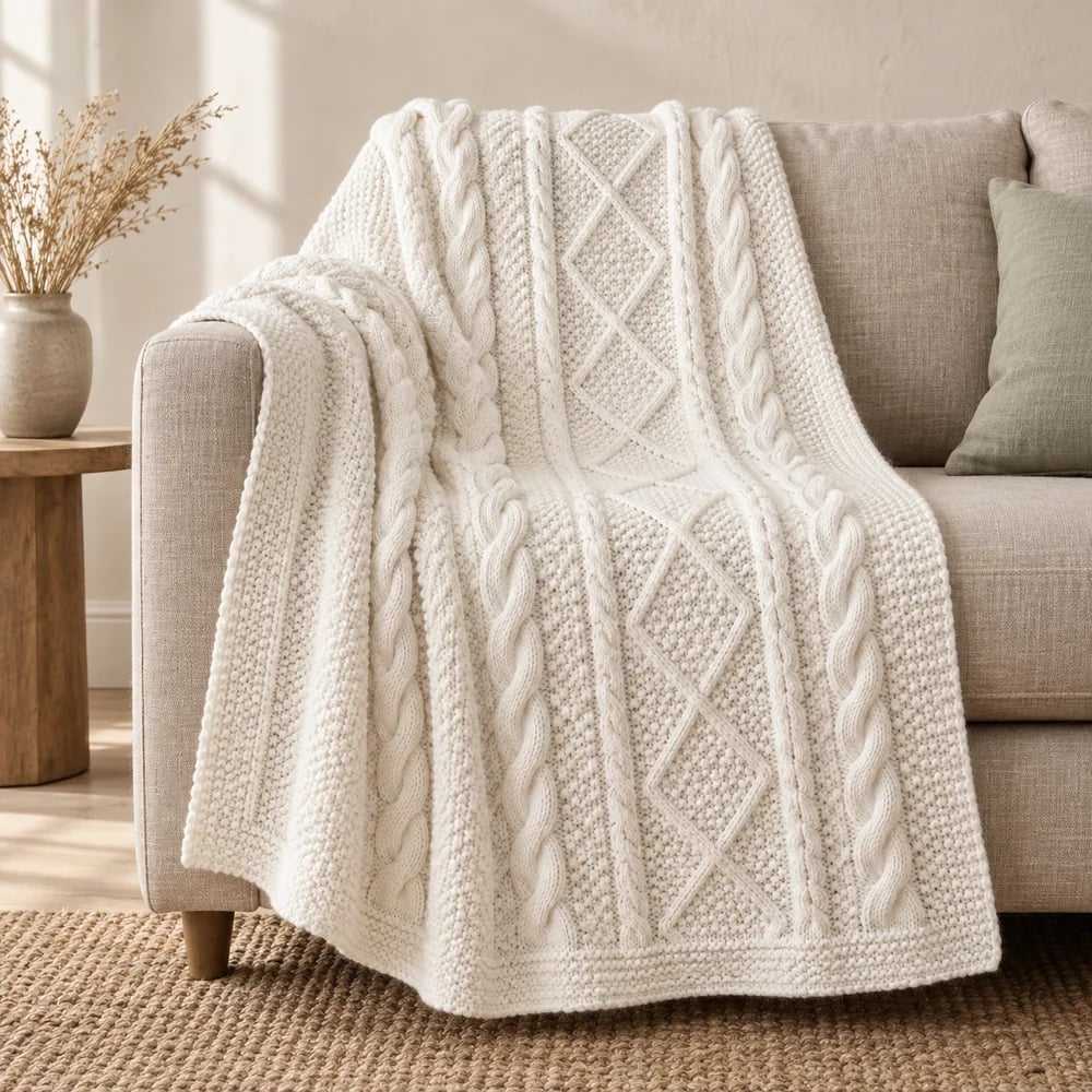 Aran cable knit throw in white