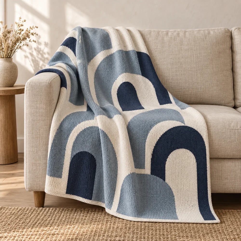 Graphic arch knit throw in muted blue