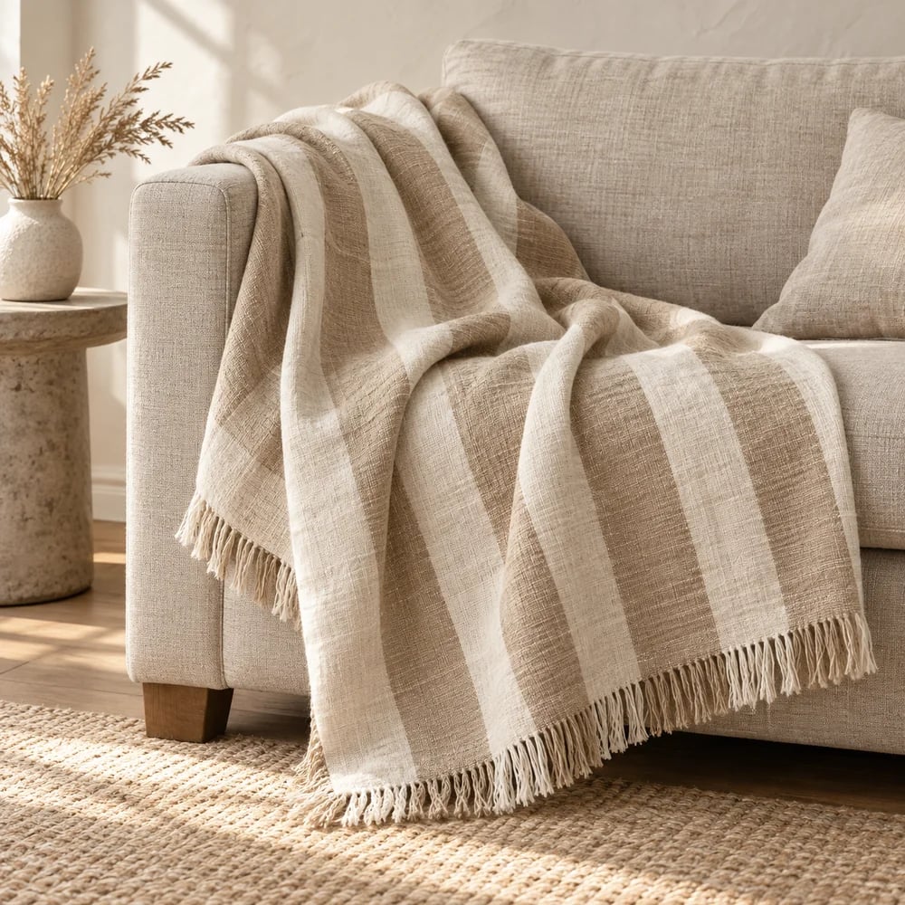 Linen stripe throw in flax