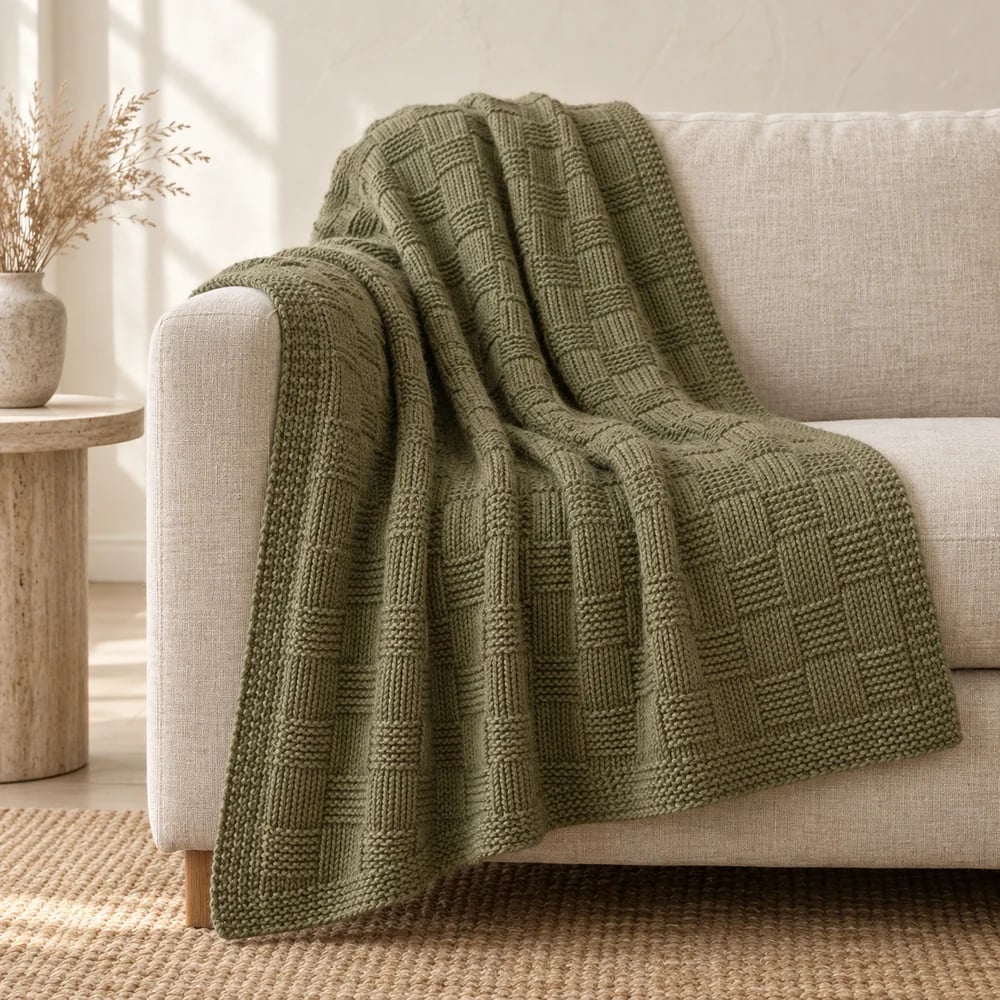 Basketweave stitch knit throw in olive