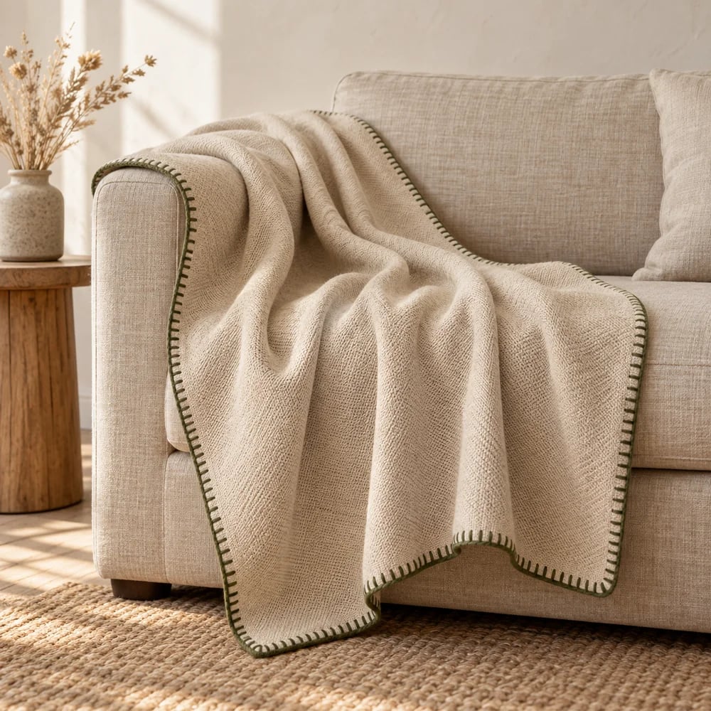 Cotton throw, blanket stitch edge in oatmeal