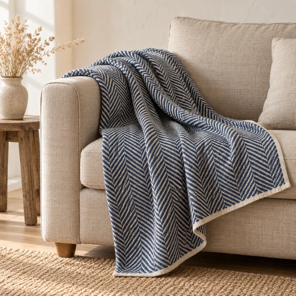 Linen-cotton broad herringbone throw in navy