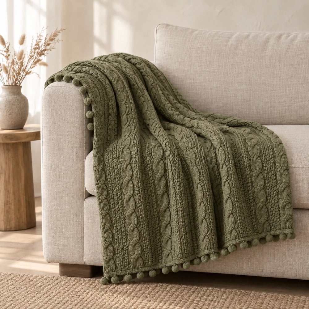 Cable knit throw, pom-pom trim in olive