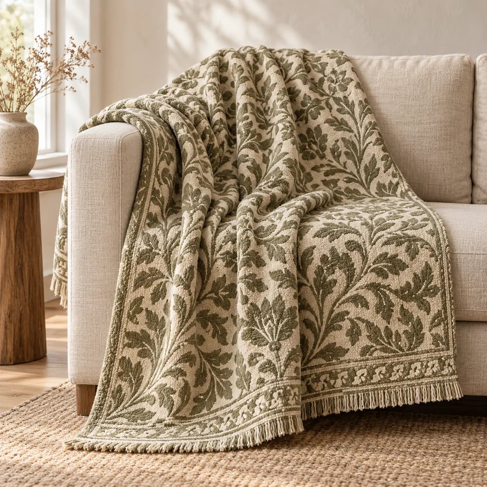Chenille jacquard throw in olive
