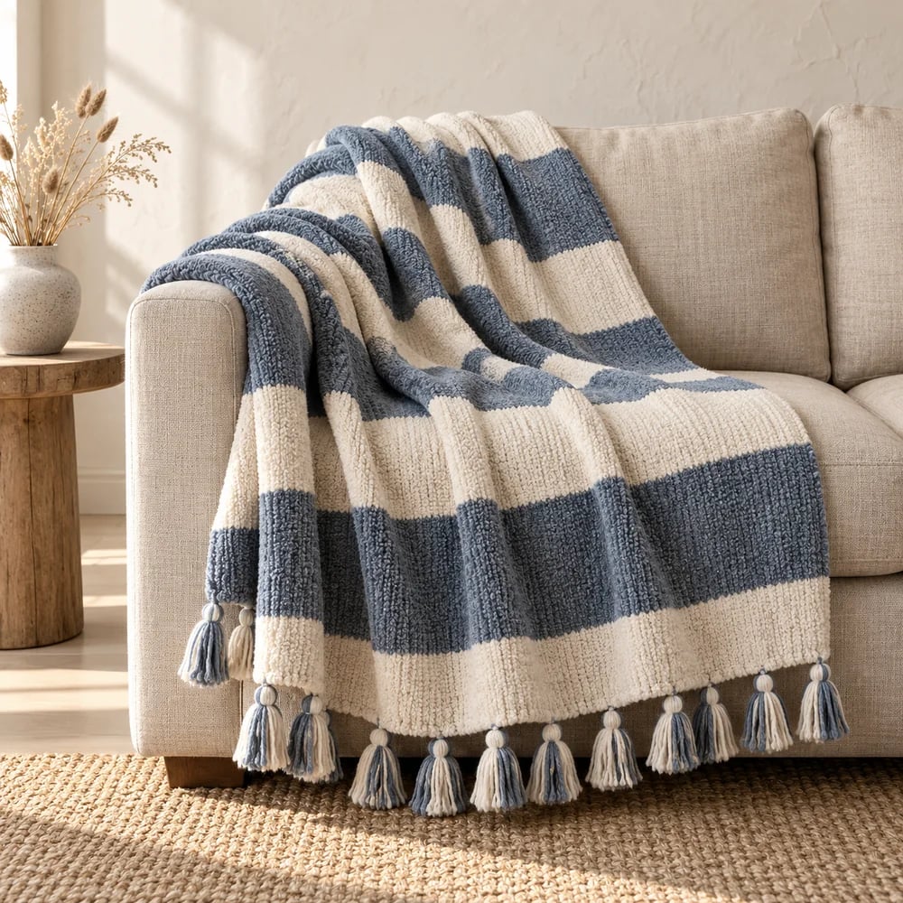 Chenille stripe throw in slate blue