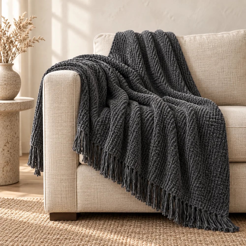 Chenille throw in charcoal