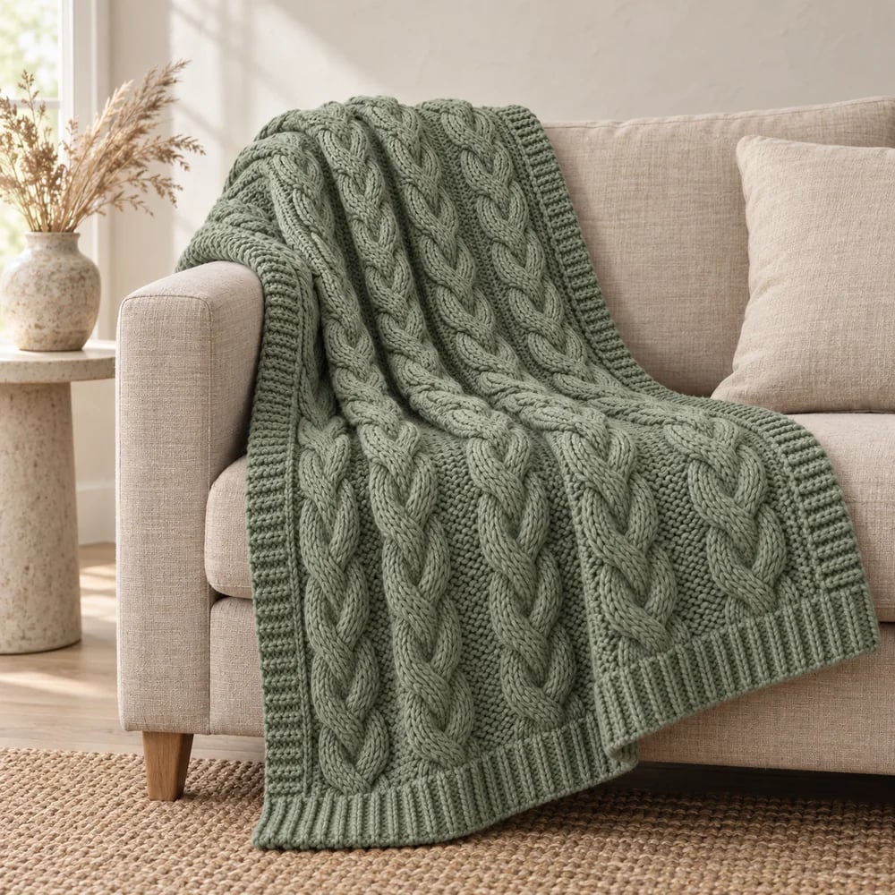 Chunky cable knit throw in eucalyptus