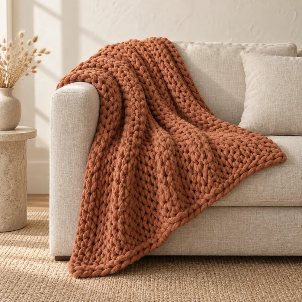 Chunky knit throw in terracotta