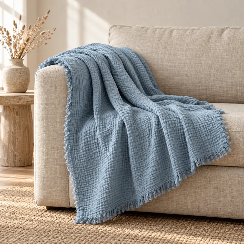 Crinkle gauze throw in muted blue