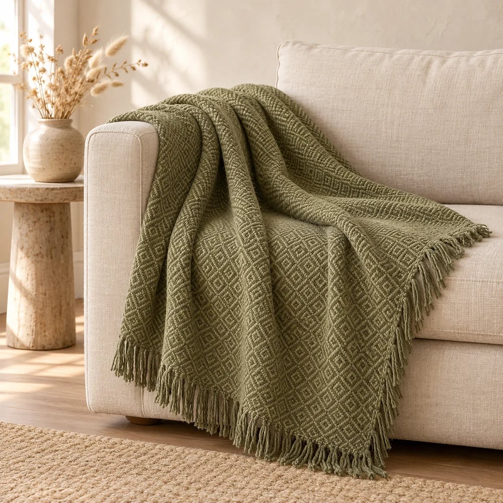 Diamond twill throw in olive