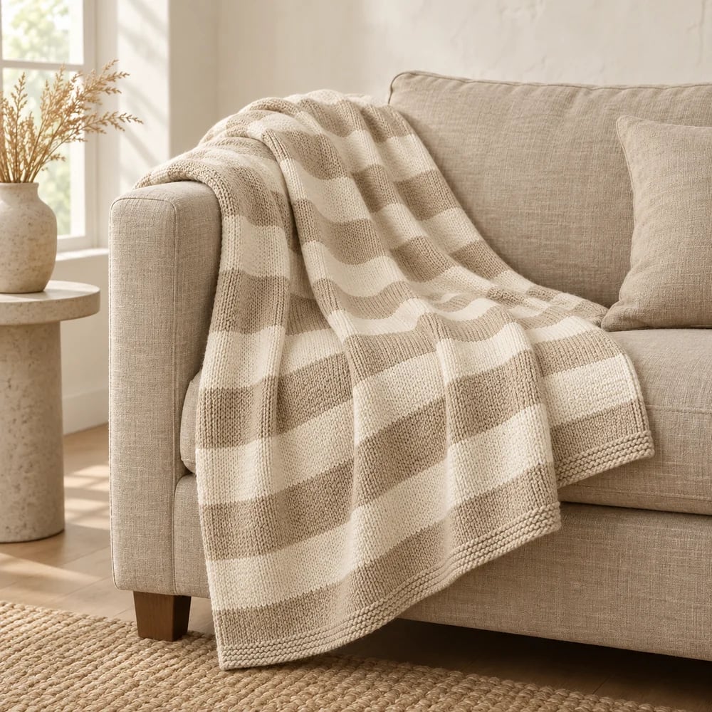 Striped knit throw in oatmeal