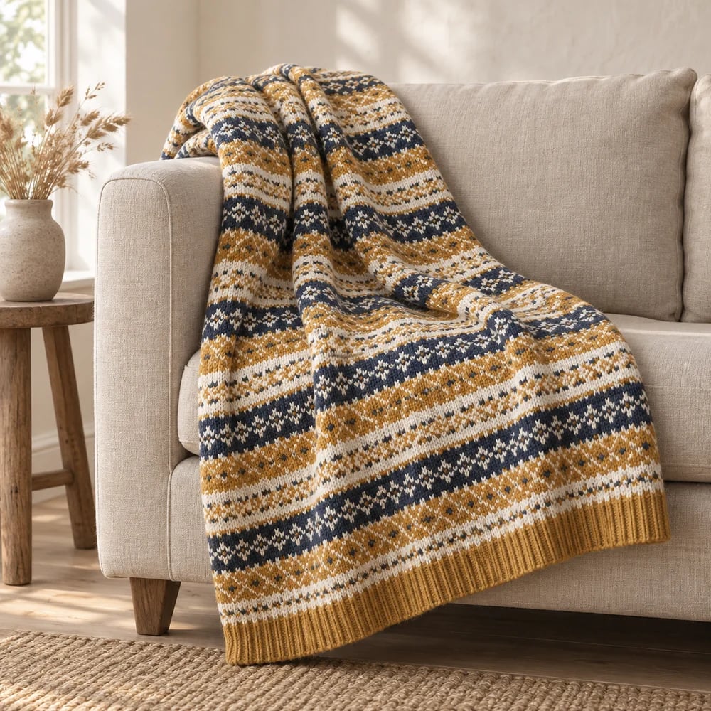 Fair Isle knit throw in ochre