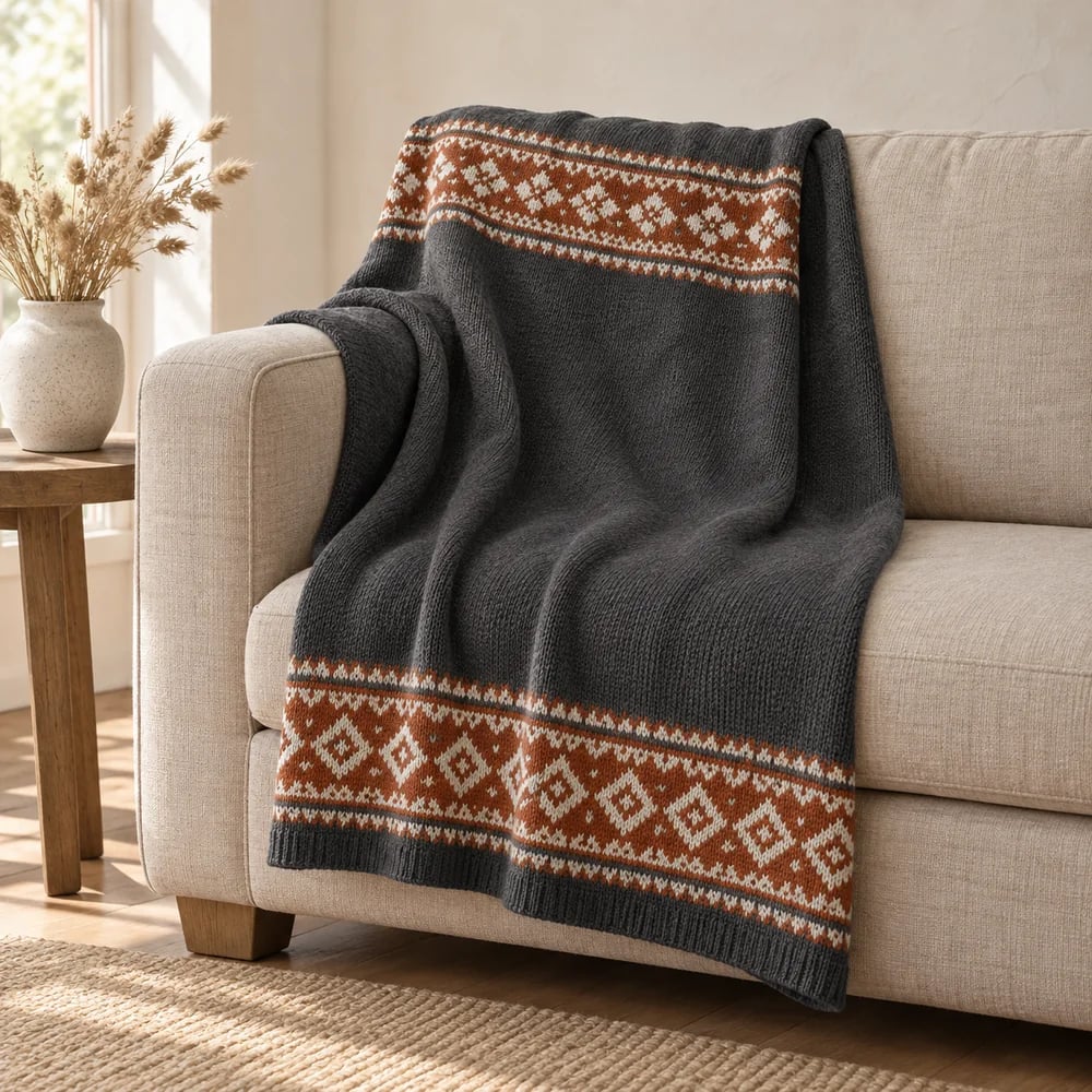 Fair Isle border knit throw in charcoal