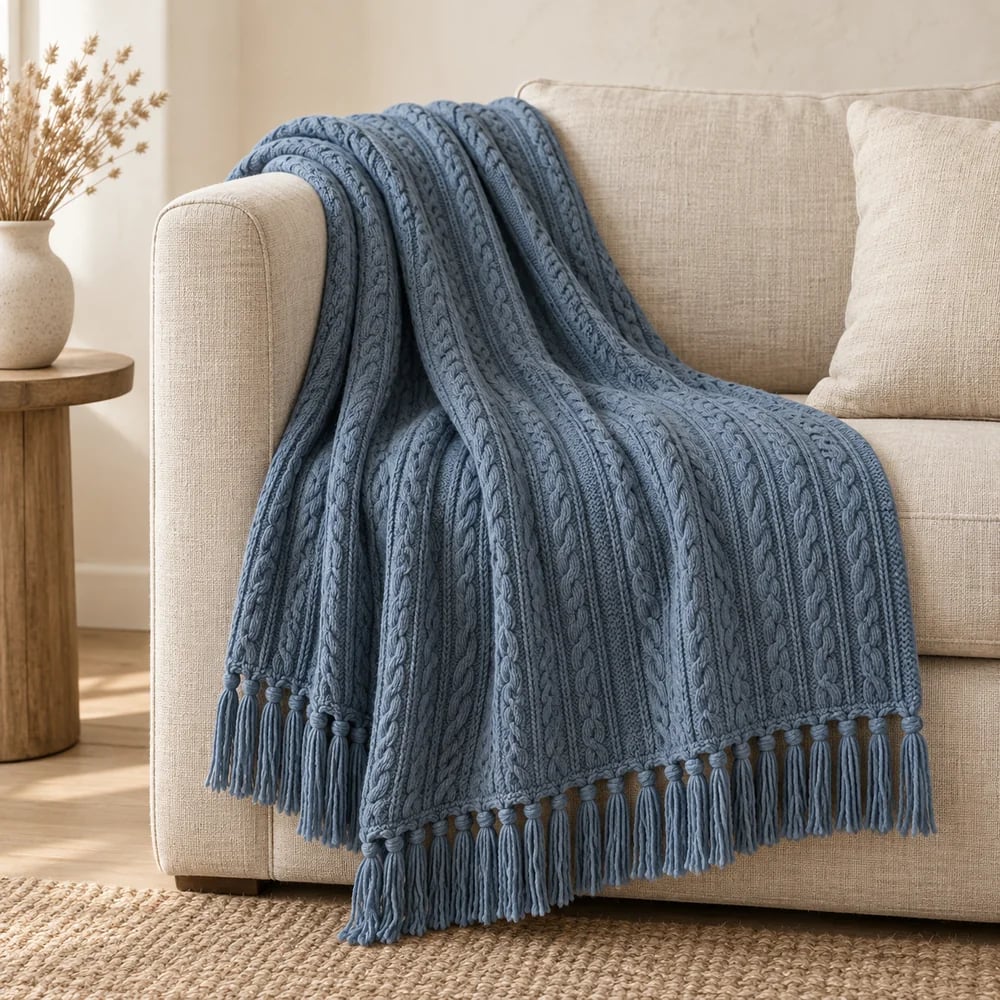 Fine cable knit throw in slate blue