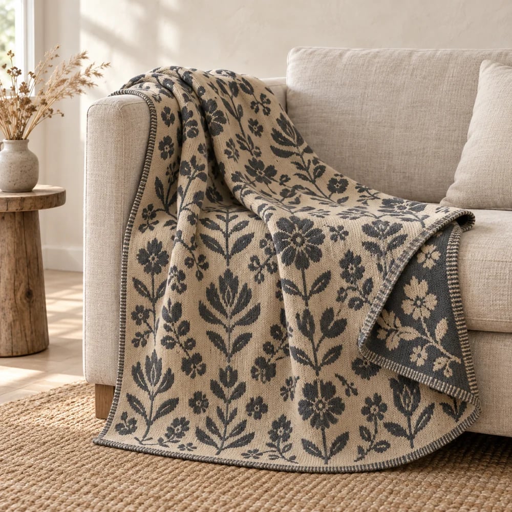 Floral jacquard knit throw in flax