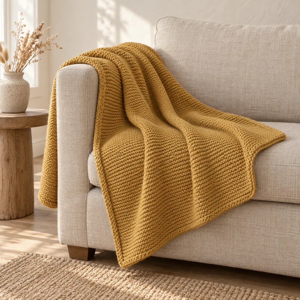 Garter stitch knit throw in ochre