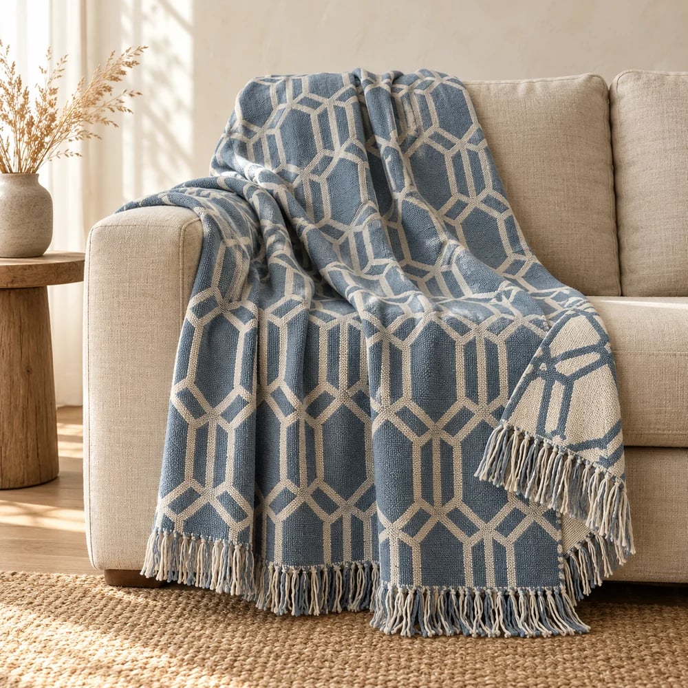 Geometric jacquard throw in slate blue