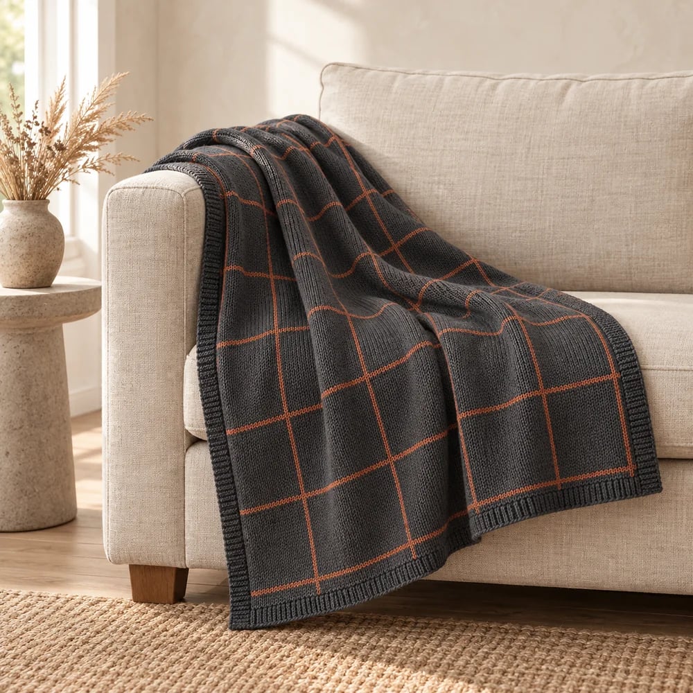 Grid knit throw in charcoal
