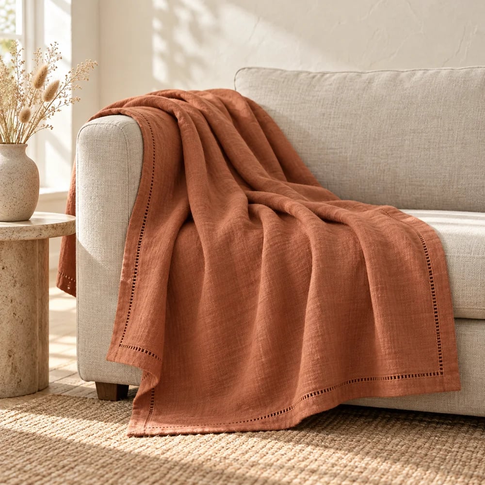 Linen-cotton throw, hemstitched in terracotta