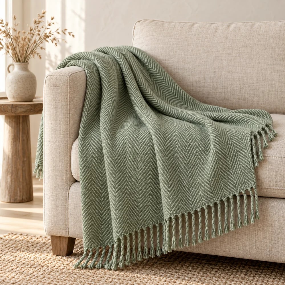 Herringbone throw in eucalyptus