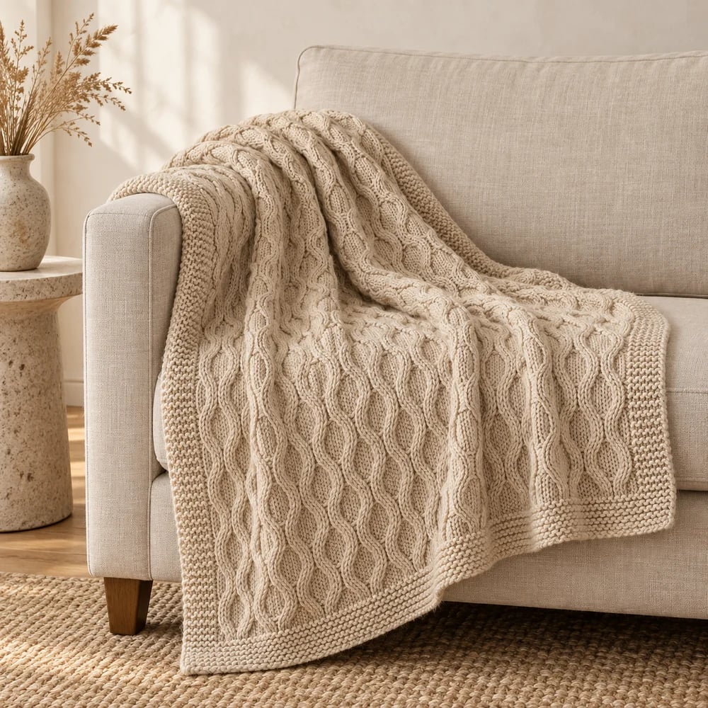 Honeycomb cable knit throw in oatmeal