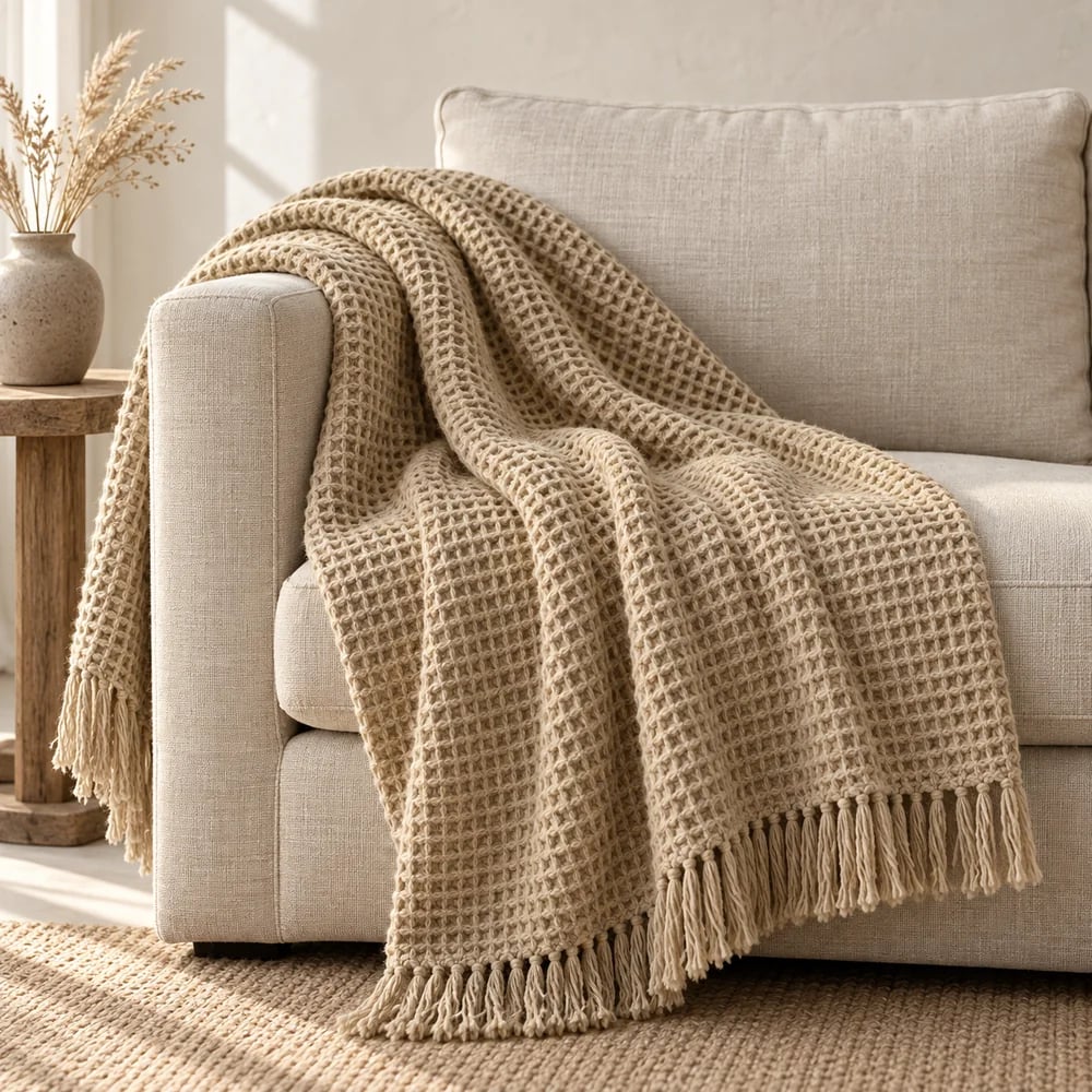 Honeycomb weave throw in flax