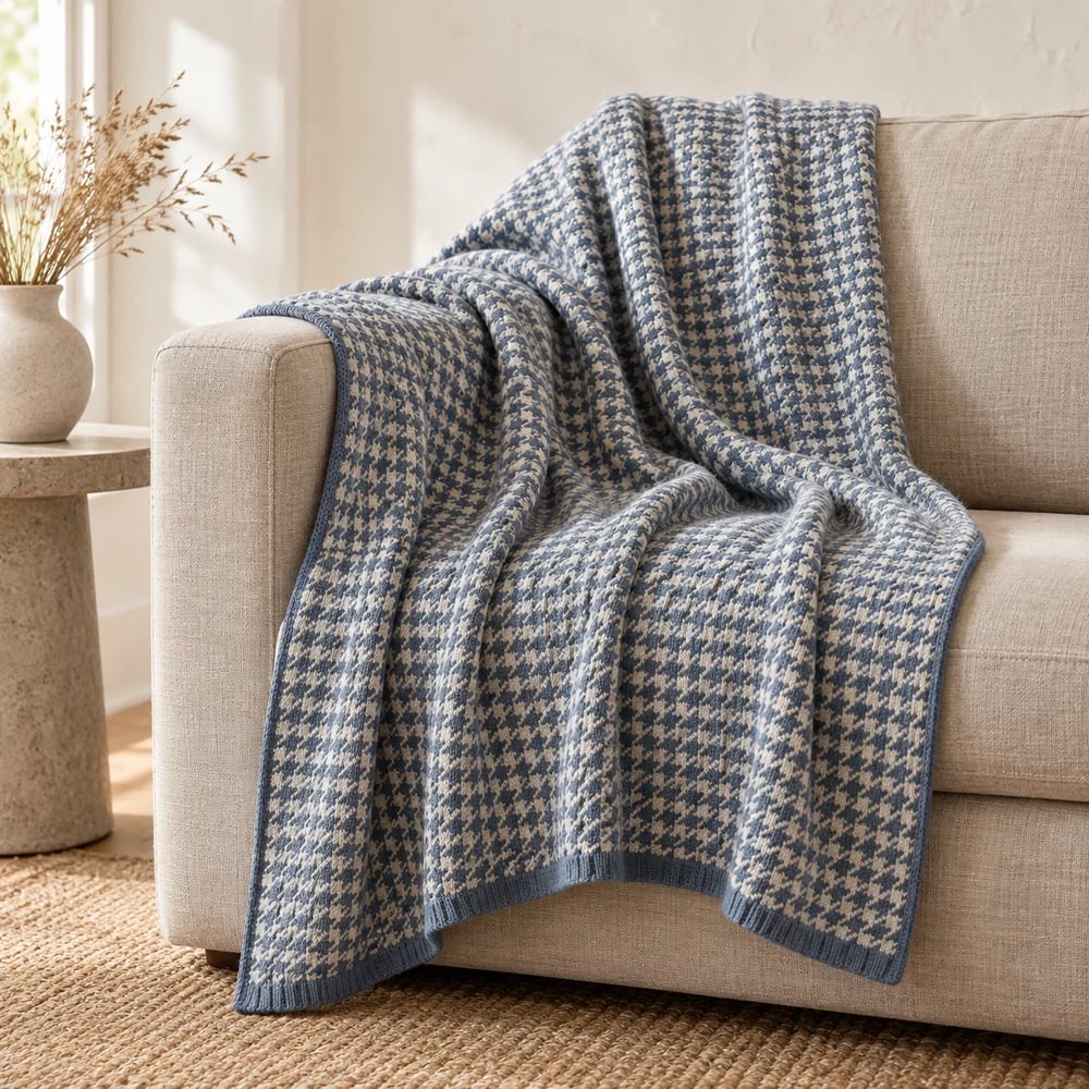 Houndstooth jacquard knit throw in slate blue