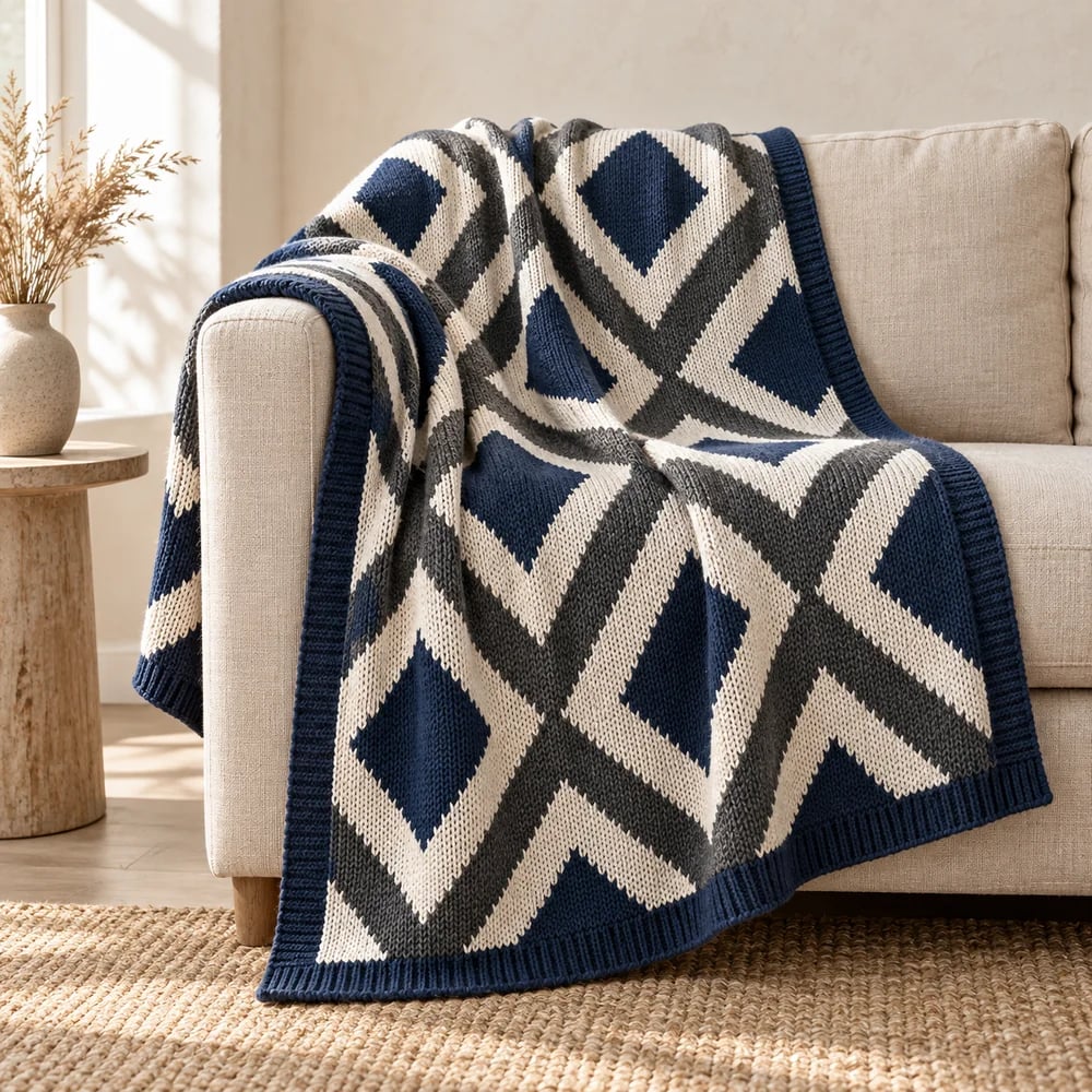 Geometric diamond knit throw in navy