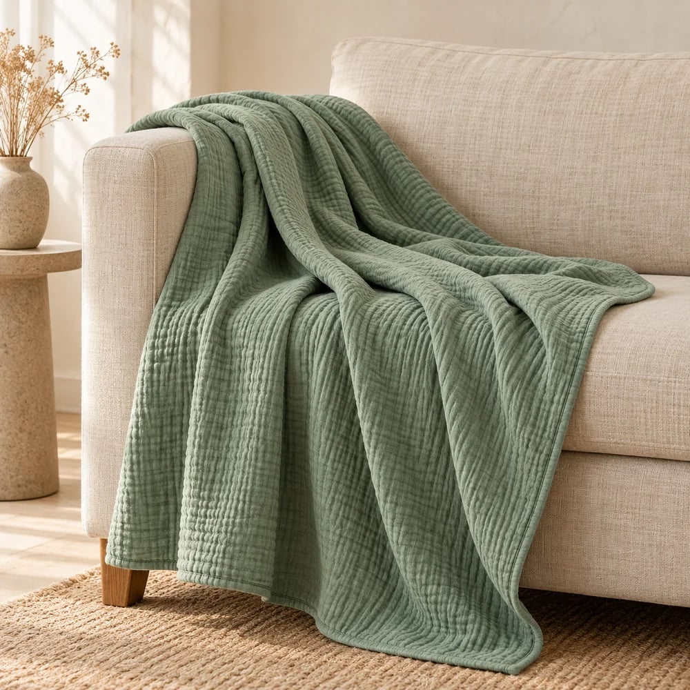 Layered muslin throw in eucalyptus