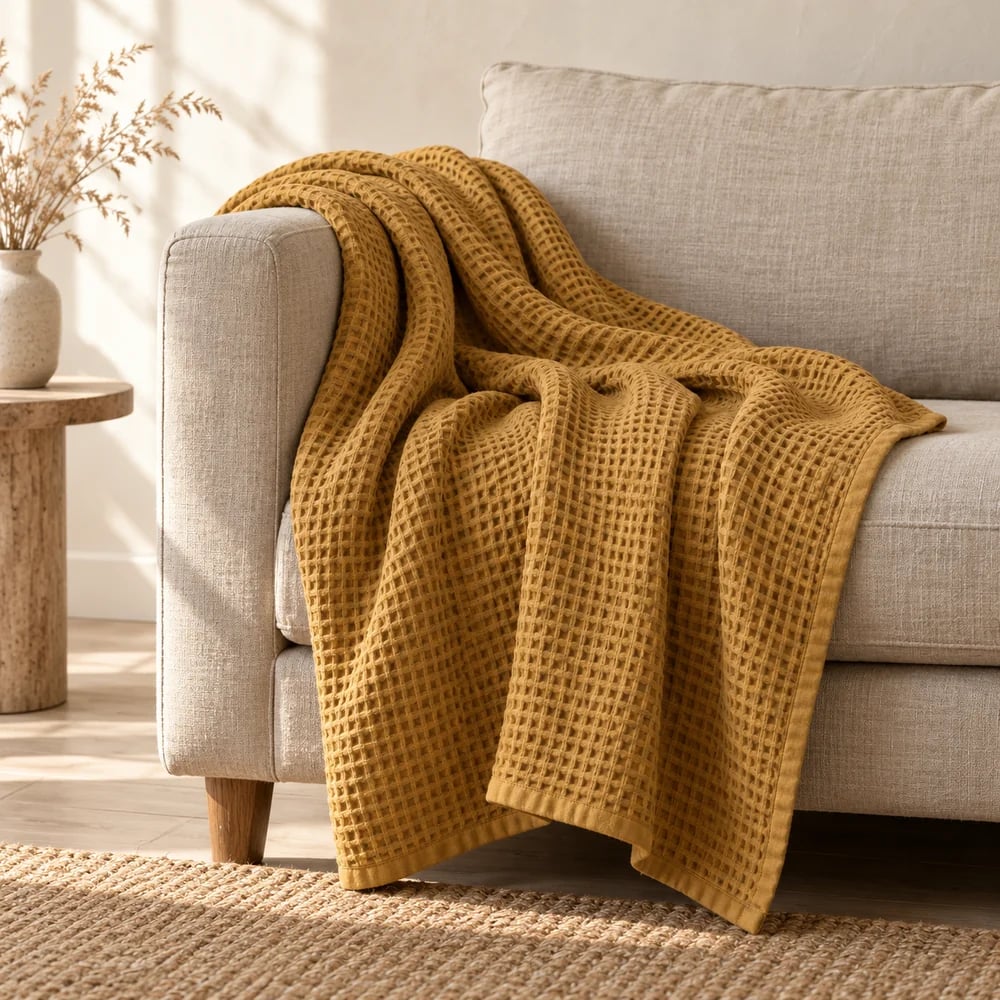 Linen waffle throw in ochre