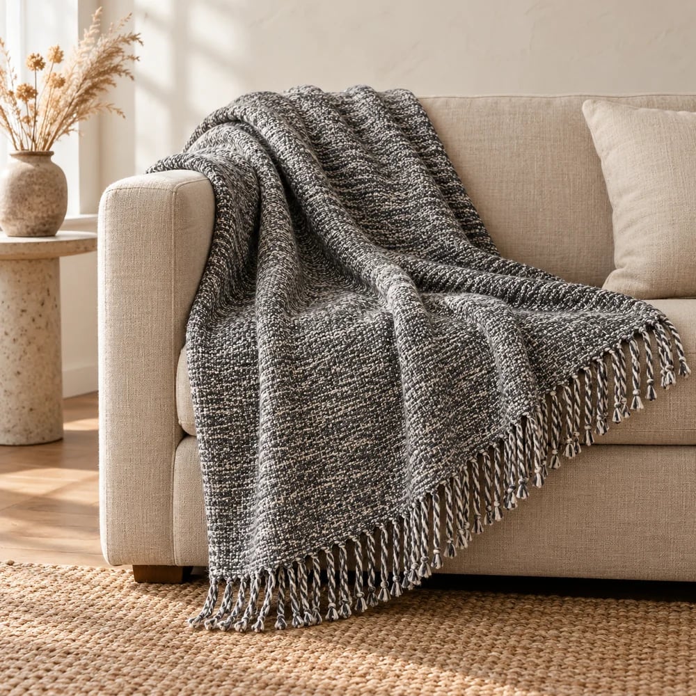 Melange cotton throw in charcoal
