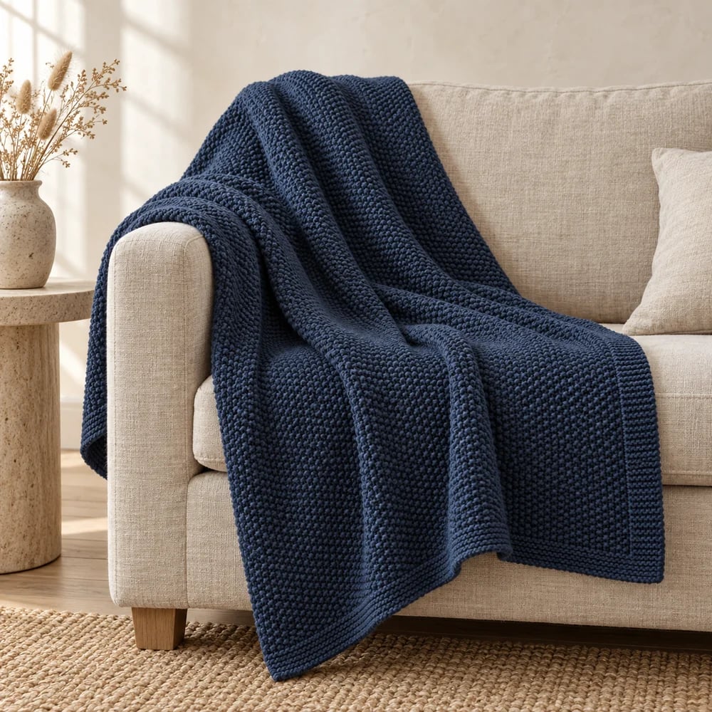 Moss stitch knit throw in navy