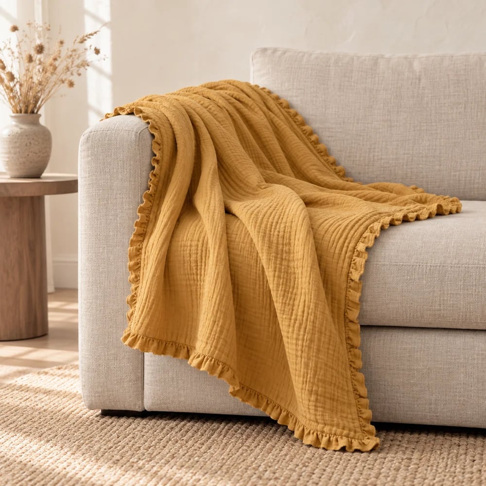 Muslin throw, ruffled edge in ochre