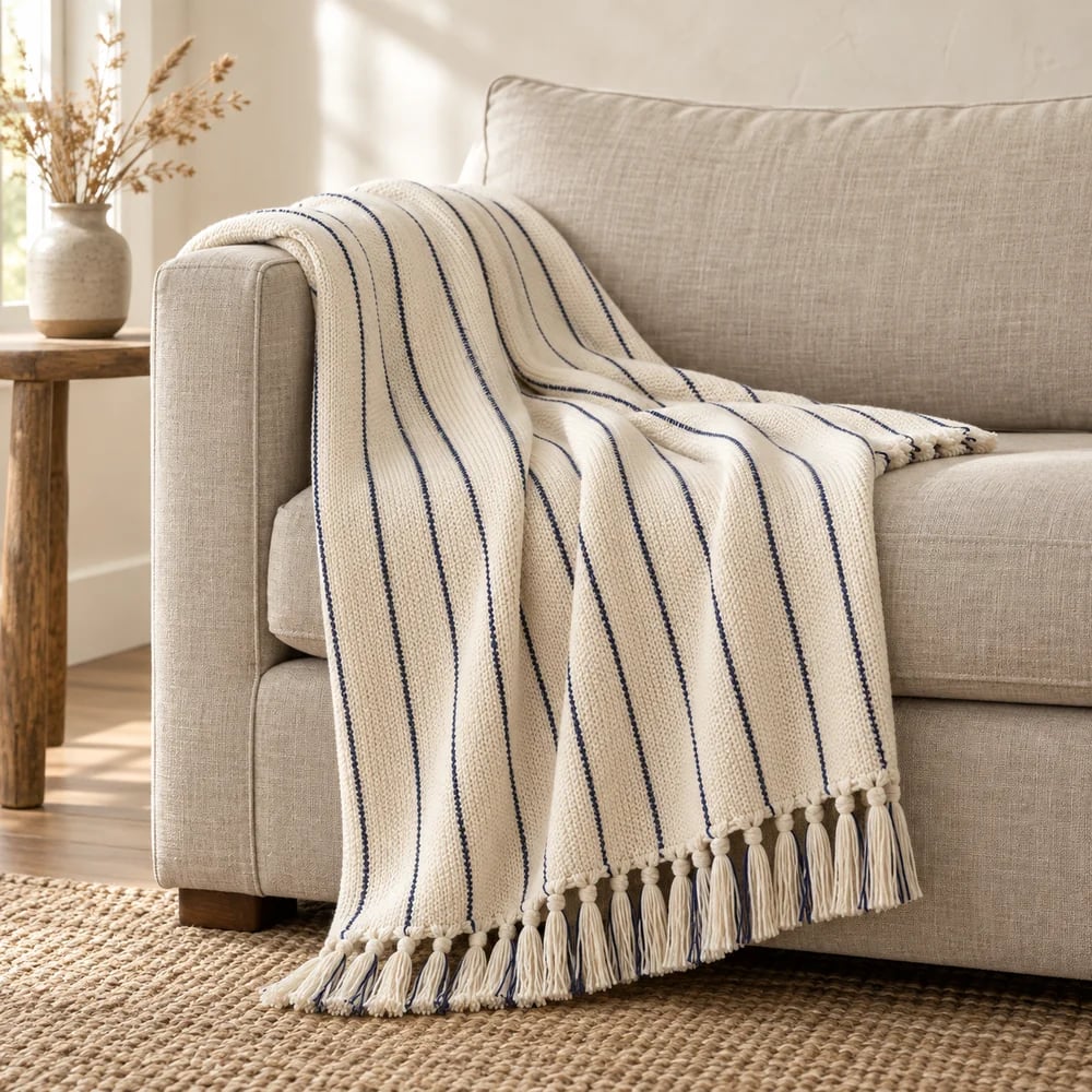 Pinstripe knit throw in ivory
